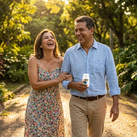 Pareja caminando y riendo en un camino arbolado