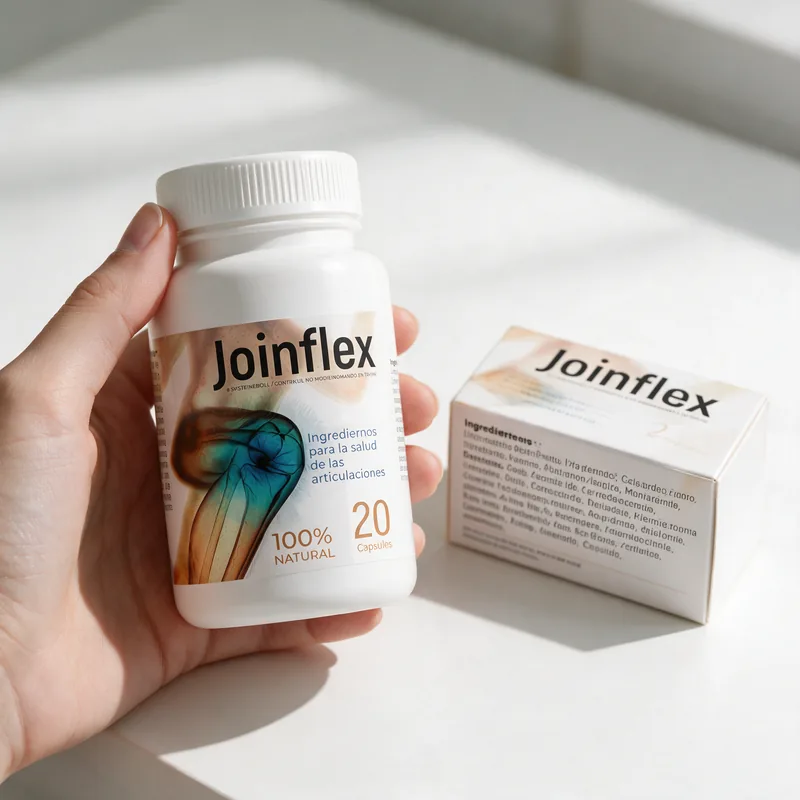 Frasco y caja de Joinflex sostenidos en la mano